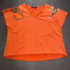 Orange V-Neck Sequin Tiger Design Top By Blue B Collection S Cotton Blend Womens